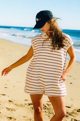 SLEEVELESS POLO OVERSIZED STRIPE ROMPER, Contents:100%COTTON