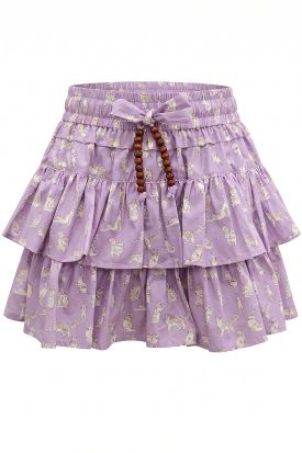 CAT-PRINT TIERED RUFFLE MINI SKIRT WITH WOOD BEAD ACCENTS, Contents:SELF:100%COTTON LINING:100%RAYON