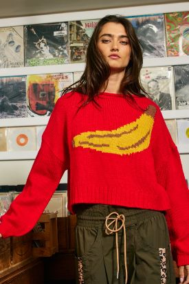 BANANA INTARSIA MOTIF CHUNKY KNIT SWEATER, Contents: