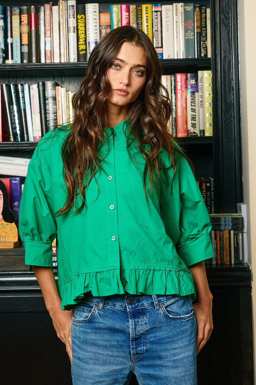 RUFFLED HEM SOLID POPLIN BLOUSE SHIRT TOP, Contents:100%COTTON
