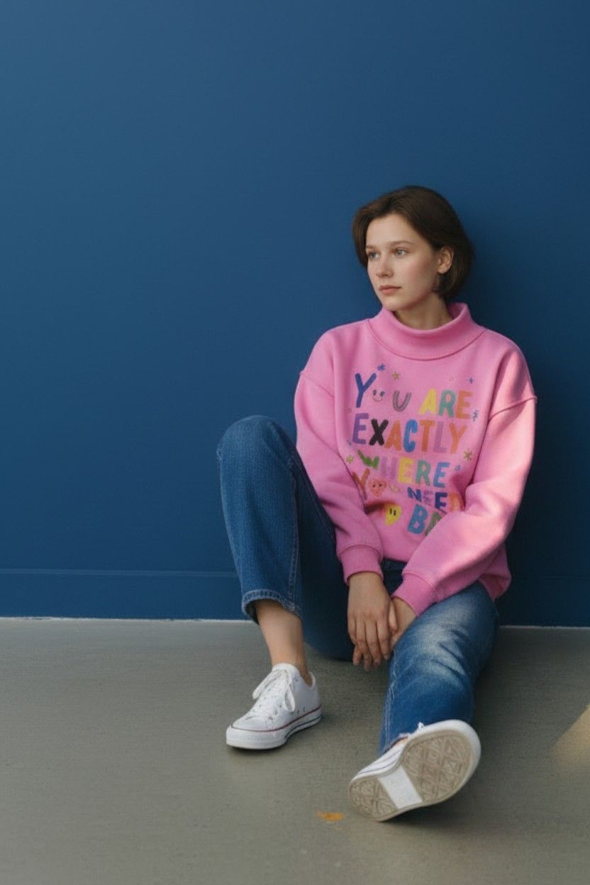 REVERSIBLE GRAPHIC MOCK-NECK CROP SWEATSHIRT, Contents:52%COTTON 48%POLYESTER