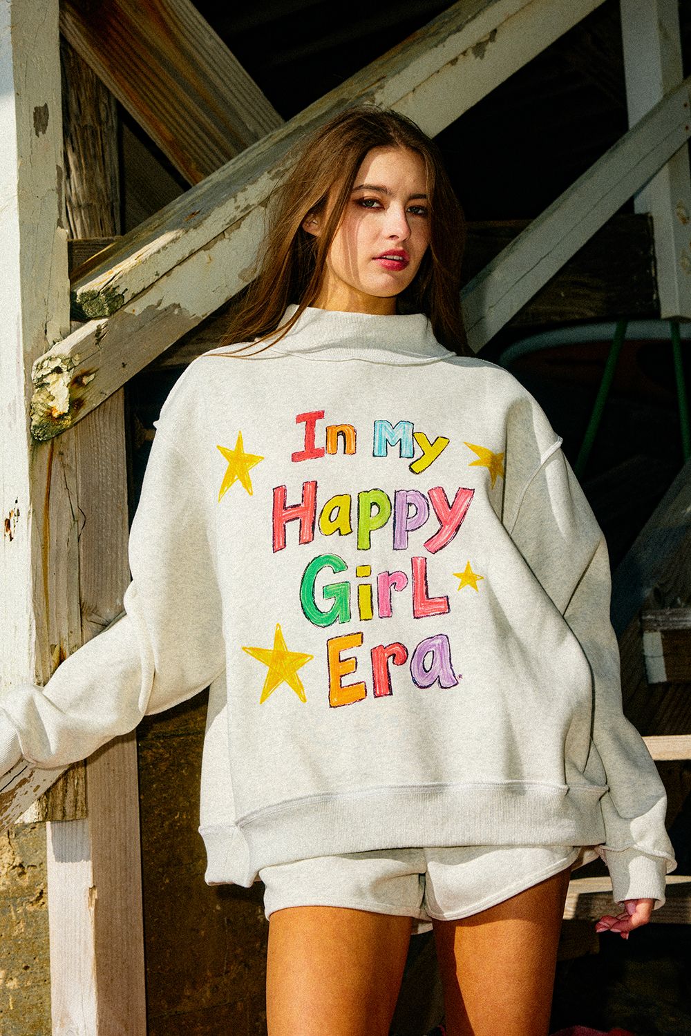 'IN MY LUCKY GIRL ERA' PRINT REVERSIBLE MOCK NECK SWEATSHIRT, Contents:
