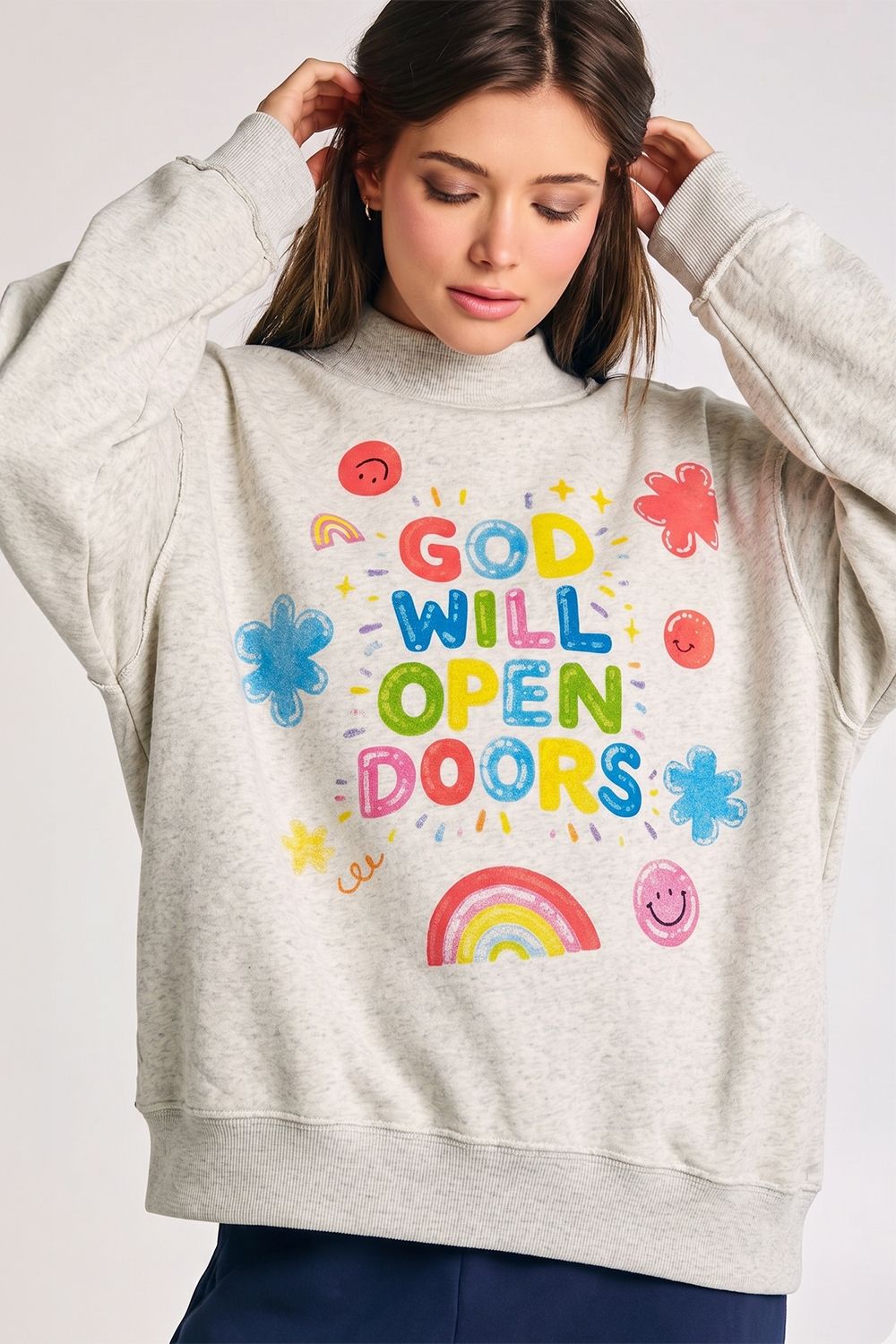 'OPEN DOORS' GRAPHIC MOCK-NECK SWEATSHIRT, Contents:52%COTTON 48%POLYESTER