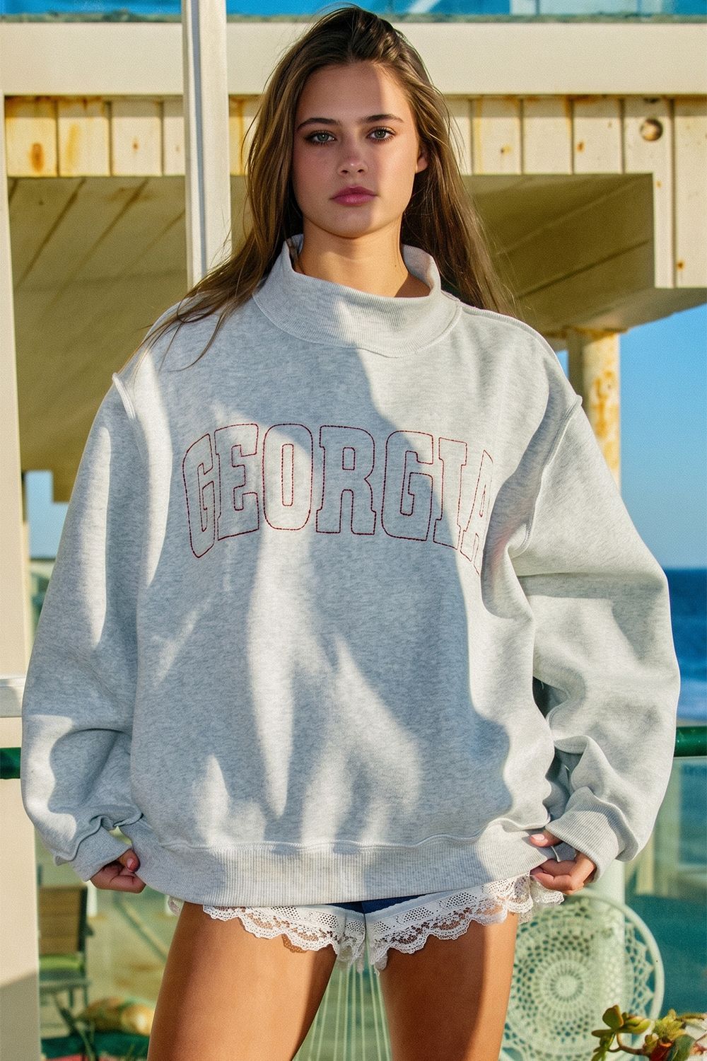 MOCK NECK SWEATER WITH GEORGIA EMBROIDERY RED STITCH, Contents:52%COTTON 48%POLYESTER