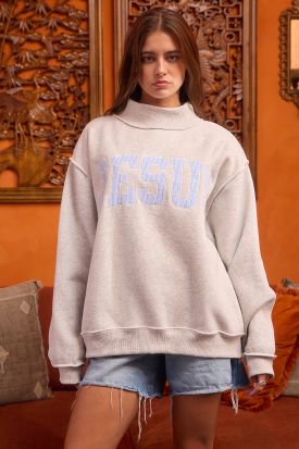 'JESUS' APPLIQUE PATCH MOCK NECK SWEATSHIRT, Contents:52% COTTON, 48% POLYESTER