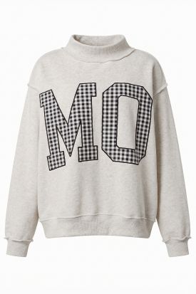GINGHAM 'MO' APPLIQUÉ MOCK-NECK FLEECE SWEATSHIRT, Contents:52%COTTON 48%POLYESTER