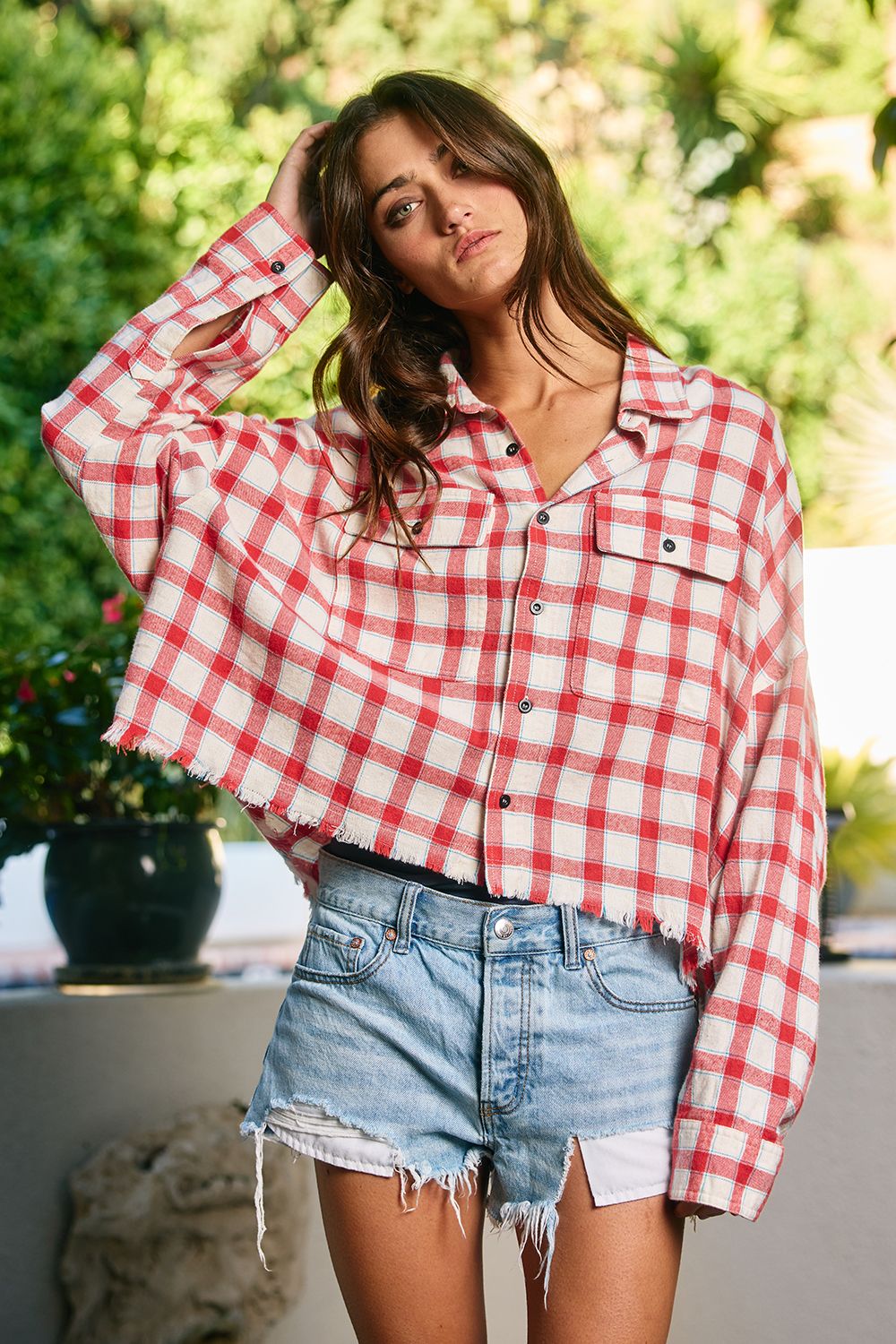 PLAID BUTTON-DOWN FRAYED HI-LOW HEM SHIRT, Contents:80%COTTON 20%POLYESTER