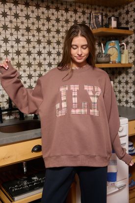 'JLY' CHECKERED APPLIQUE VARSITY CREW-NECK SWEATSHIRT, Contents:52%COTTON 48%POLYESTER