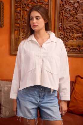 CRINKLED UTILITY DOUBLE-POCKET CROPPED SHIRT, Contents:100%COTTON