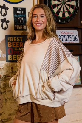 STRIPE PRINT PATCHWORK RAW-SEAM SWEATSHIRT, Contents:SELF:70%COTTON 30%POLYESTER / CONT:100%POLYESTER