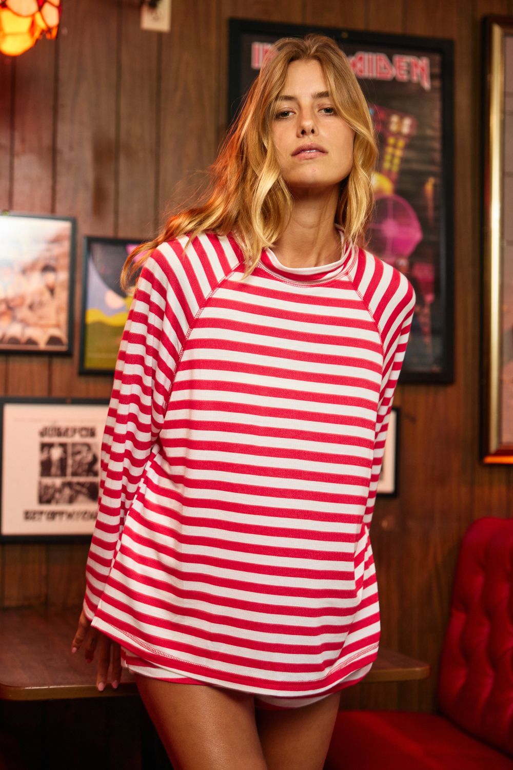 RAGLAN SLEEVES MOCK-NECK STRIPED OVERSIZED TOP, Contents:60P35R5S