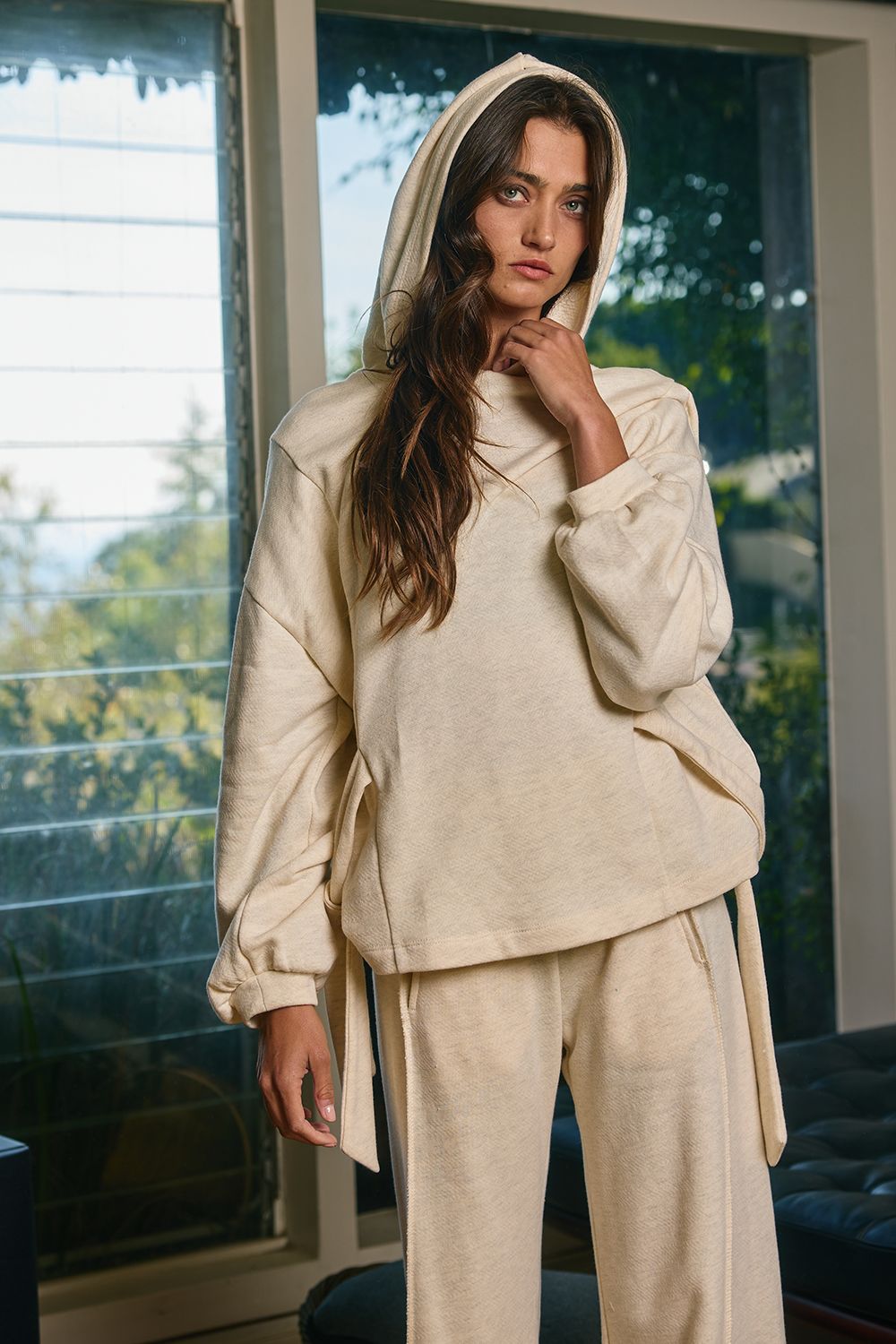 SIDE-TIE DETAIL OVERSIZED SOLID HOODIE, Contents:74%COTTON 26%POLYESTER