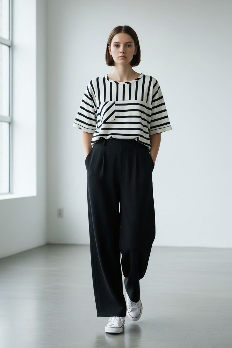 STRIPED PATCH POCKET SHORT SLEEVE TOP, Contents:66%COTTON 34%POLYESTER